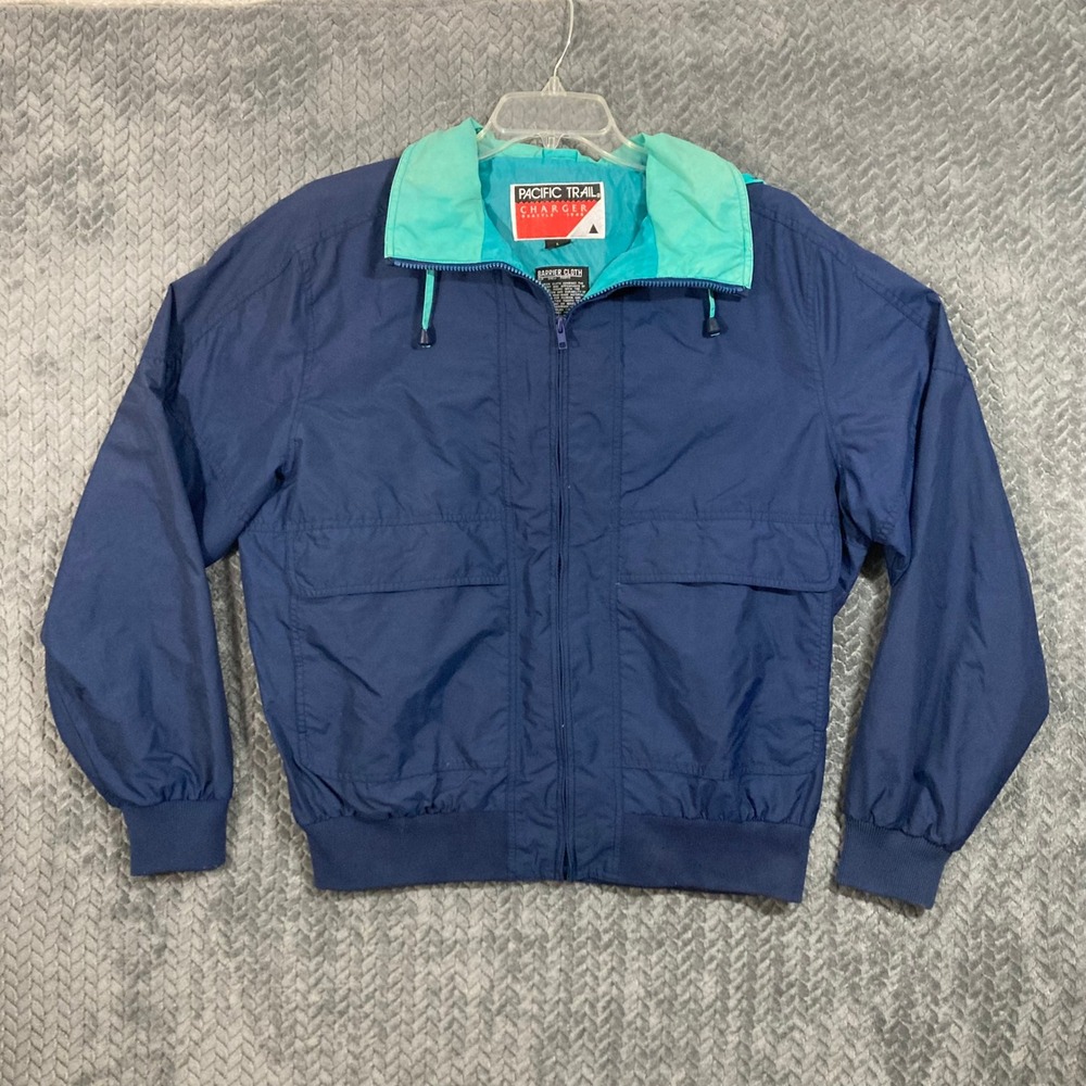 Pacific Trail Jacket Mens L Charger Navy Teal Barrier Cloth Windbreaker VTG